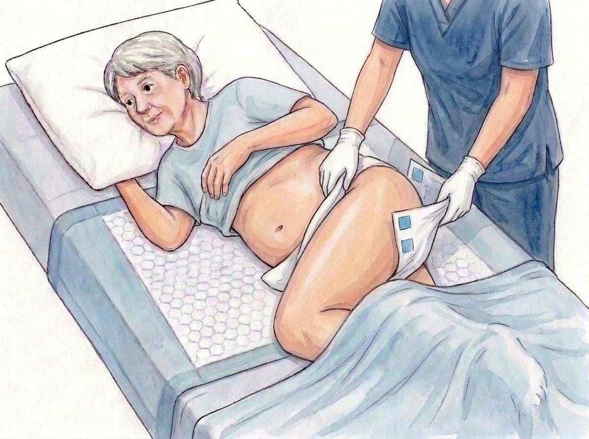 6. La neuve à moitié roulée : l'arrière à plat contre le dos et les fesses, attaches vers le haut, la moitié roulée sous la hanche